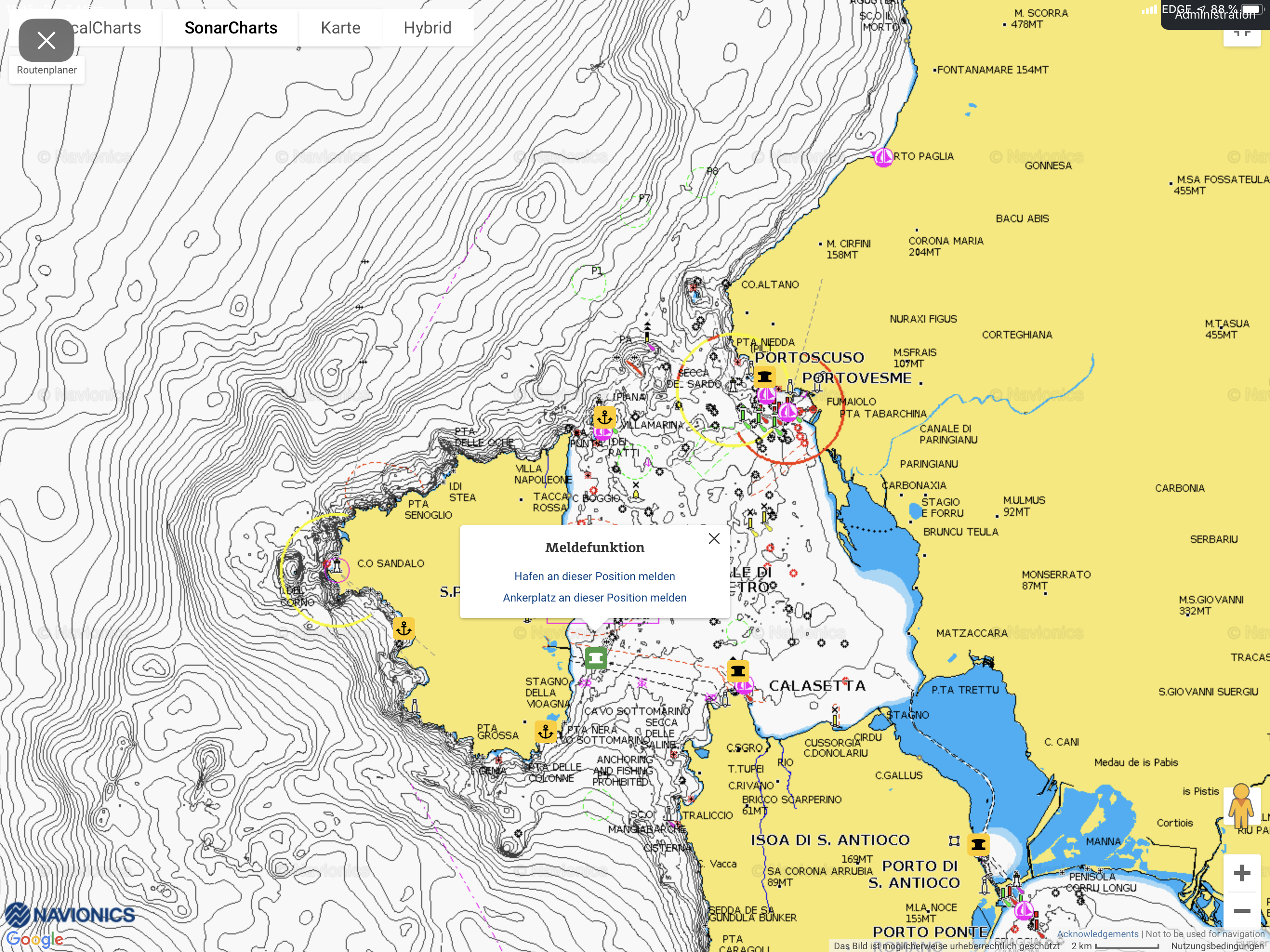 Navionics Seekarte San Pietro: Ankerplätze melden auf ADAC Skipper-Portal.