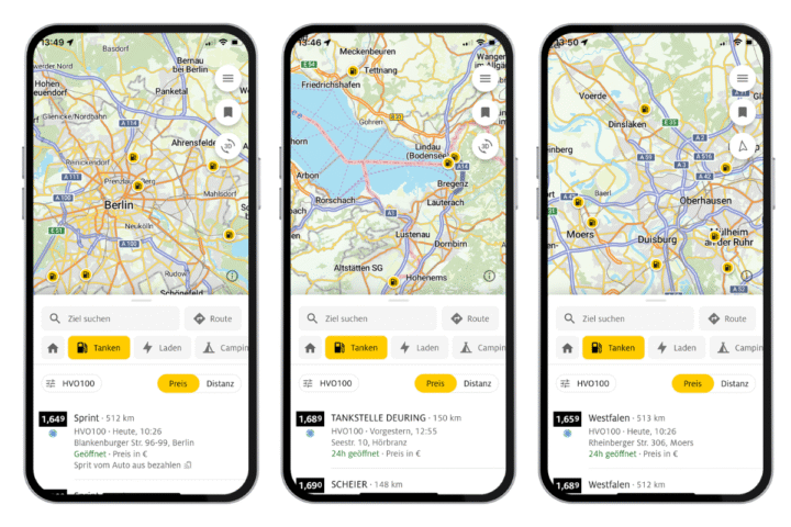 Verfügbarkeit von HVO in ADAC Drive App.