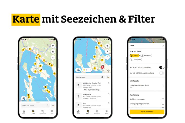 Karte mit Seezeichen und Filter ADAC Skipper App